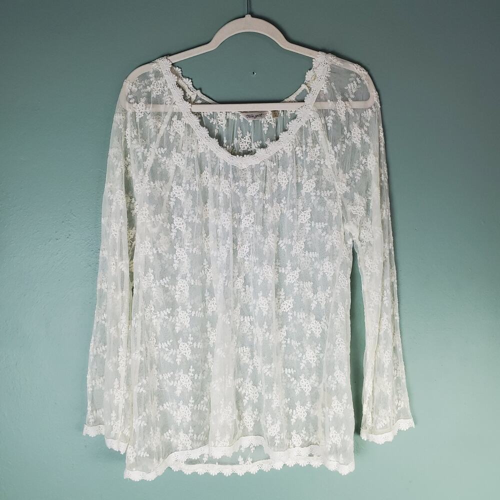 True Grit Womens Cream Boho Sheer Lace Long Sleeve Top Size XL